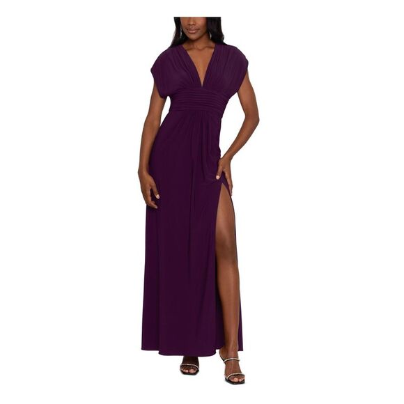 BETSY & ADAM Womens Black Cut Out Zippered Lined Ruffled Sheer Short Sleeve Halter Full-Length Evening Blouson Dress